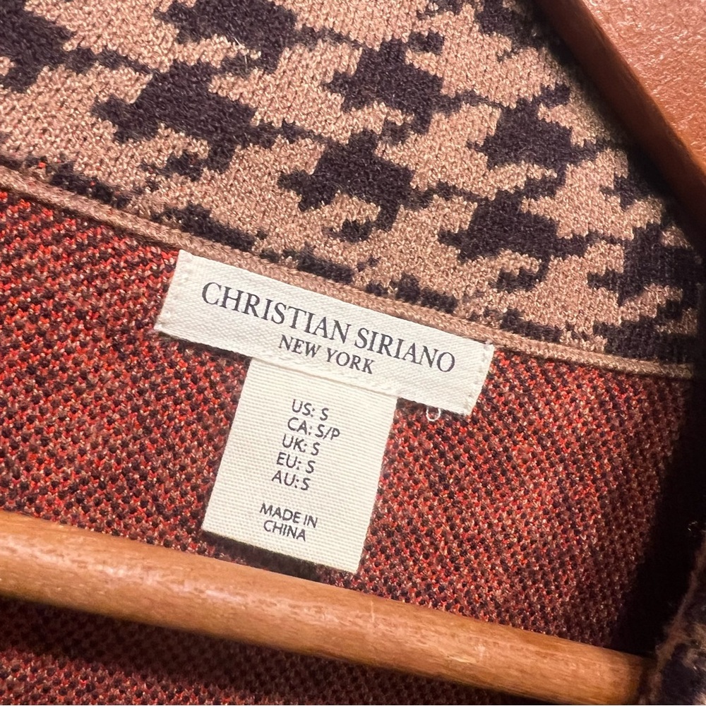 Christian Siriano Houndstooth Red Tan Black Long Knit Sweater Pockets Size Small - Picture 5 of 8